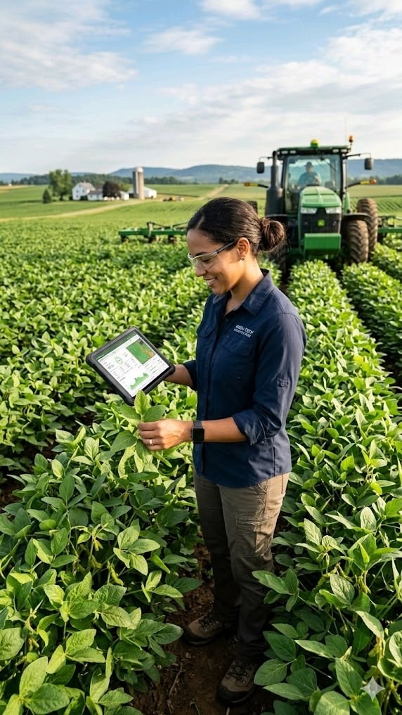 Agronomist in a crop field reviewing farm data on a tablet, with a tractor behind her