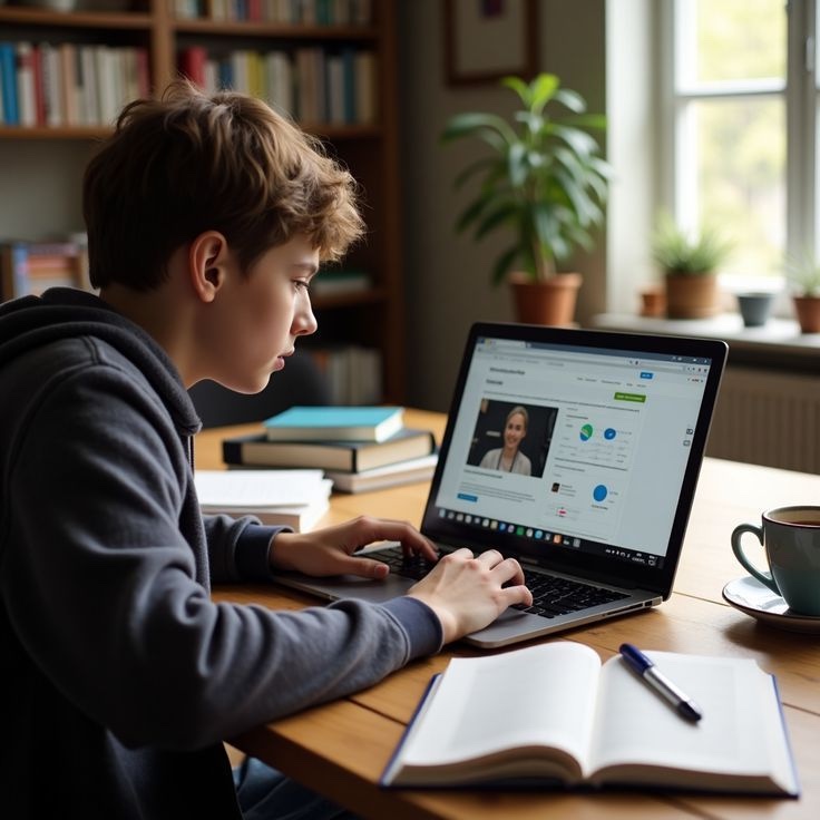 Student at a desk following an online lesson on a laptop