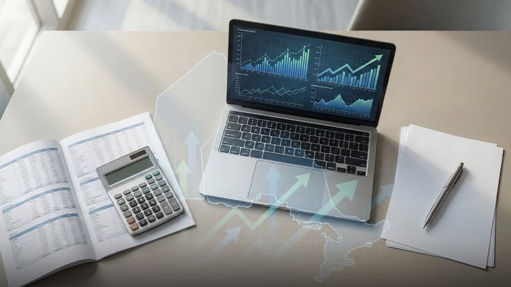 Hands reviewing financial documents and a data dashboard