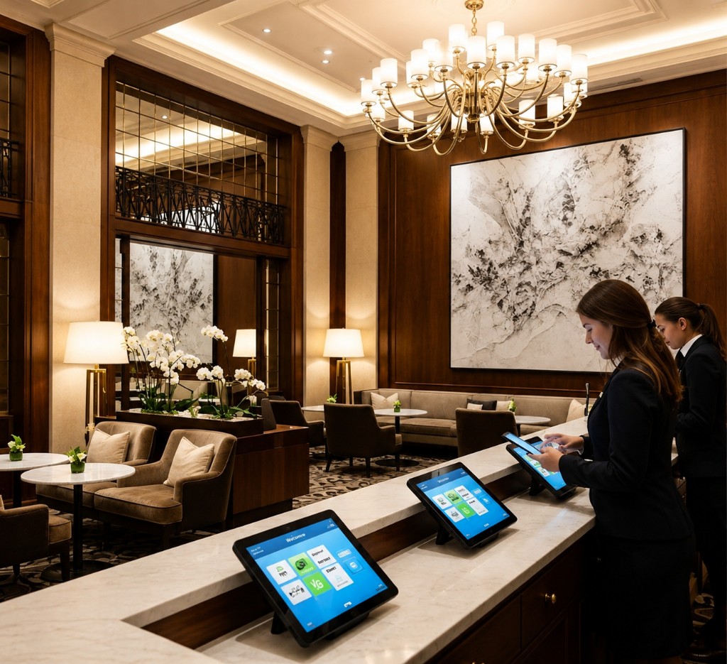 Hotel reception staff using tablets at a marble concierge desk
