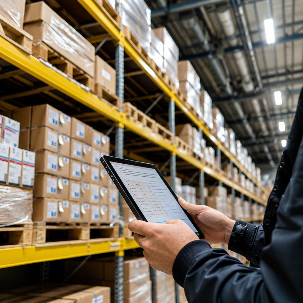 Warehouse operator checking inventory on a tablet in front of pallet racks