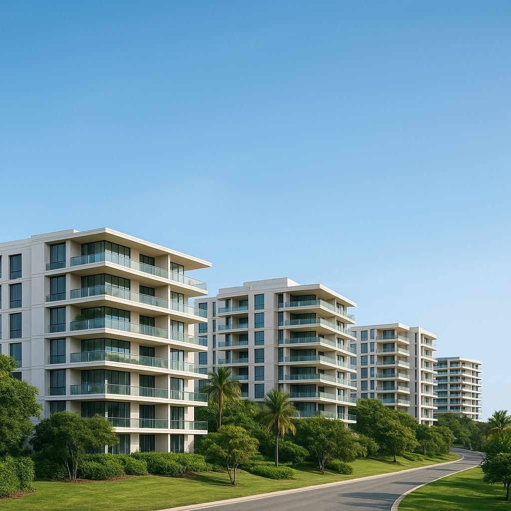Modern residential towers along a landscaped street under a clear sky