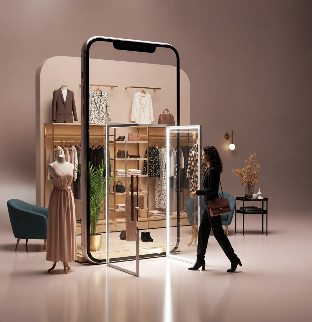 Shopper walking through a glowing doorway into a boutique inside a giant smartphone